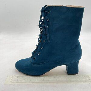 Blue Women's Lace Up Chunky Heel Round Toe Side Zipper Ankle Booties